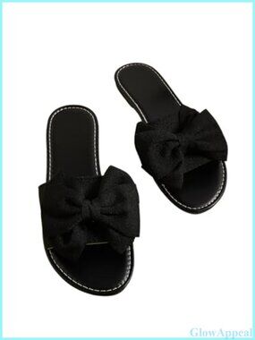 Faux Leather Bow Slide Sandals Open Toe Slip On Flat Beach Wedding Shoes